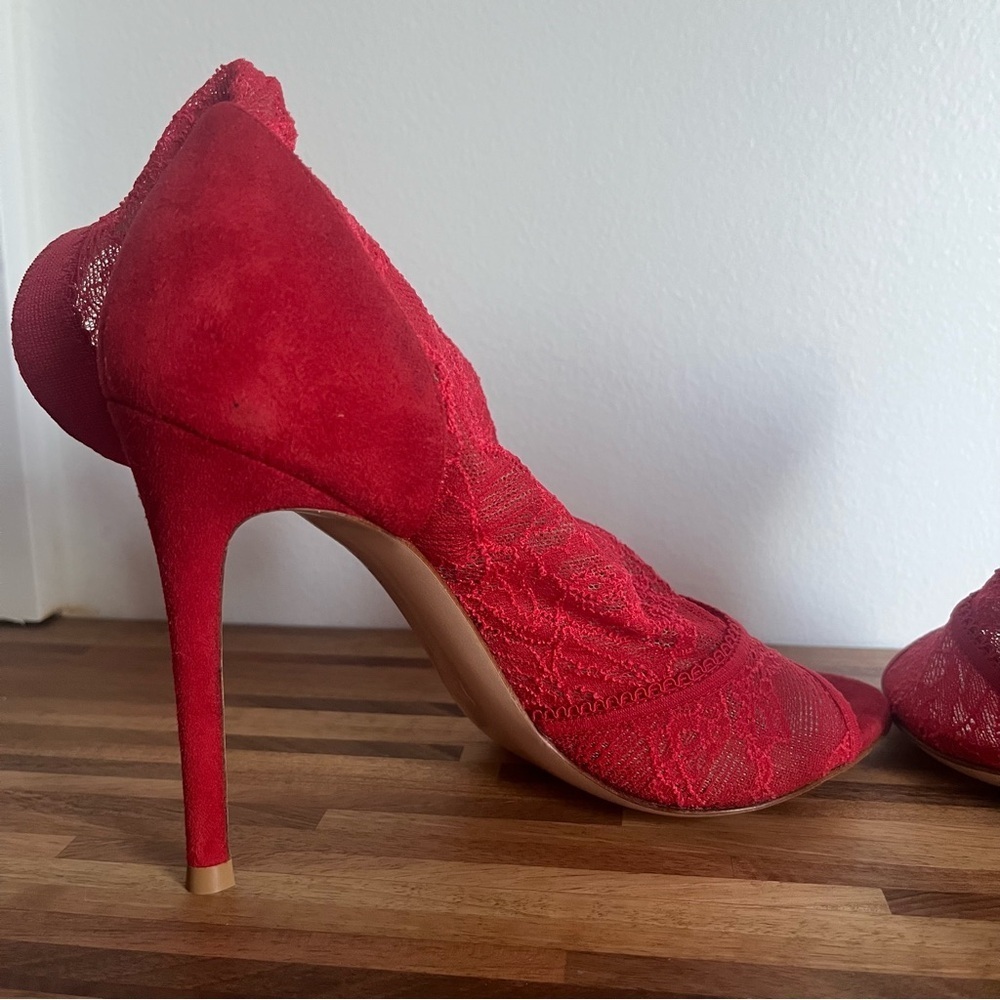 NWT Gianvito Rossi Missy Stretch Lace and Suede Tobasco Red Ankle Heel Sandals - Picture 5 of 8